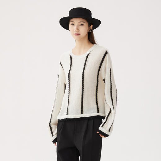 谜底条纹针织衫长袖女2024秋新品时髦百搭柔软套头毛衫243MZ1344 商品图0