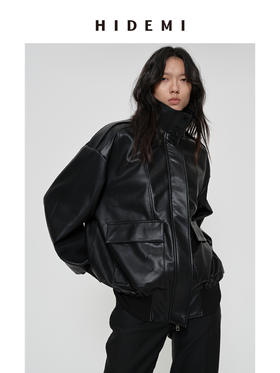 HIDEMI 极简大廓形口袋设计感飞行员立领式oversize落肩款可再生环保皮衣外套
