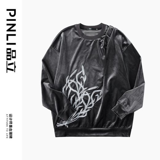 PINLI品立秋季新款中国风刺绣圆领卫衣男士国潮丝绒长袖上衣B243109014 商品图3