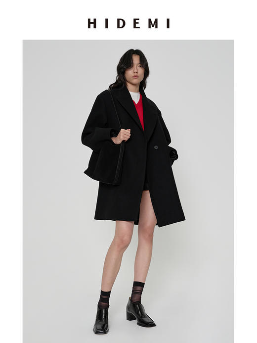 HIDEMI 极简超大廓形加宽垫肩设计感厚款羊毛毛呢西装式口袋中长款大衣 黑色/深灰色 商品图5