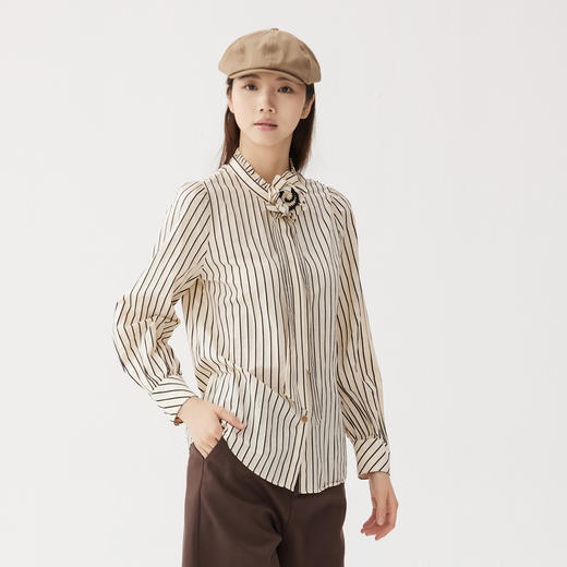 谜底条纹衬衫长袖女2024秋季新品优雅浪漫立体花朵衬衣243MC1148 商品图1