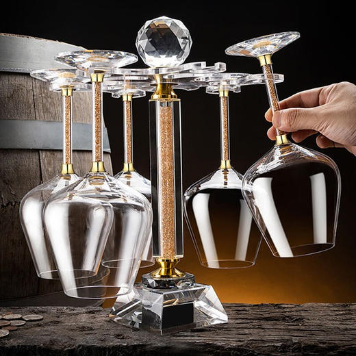 水晶旋转倒挂杯架家用酒柜摆件红酒杯轻奢醒酒器套装悬挂高脚杯 金钻方底水晶杯架白钻方底水晶杯架（6挂杯架） 商品图3