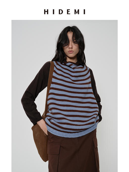 HIDEMI 【卢昱晓同款】美利奴羊毛极简条纹小立领大廓形毛织马甲背心 红白/棕蓝 商品图6