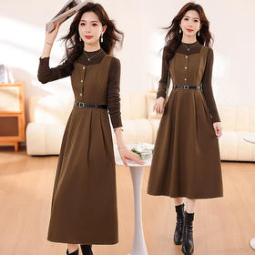 HR WA231139气质时尚优雅纯色收腰显瘦背带连衣裙两件套