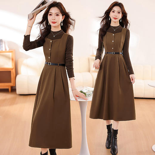 HR WA231139气质时尚优雅纯色收腰显瘦背带连衣裙两件套 商品图0