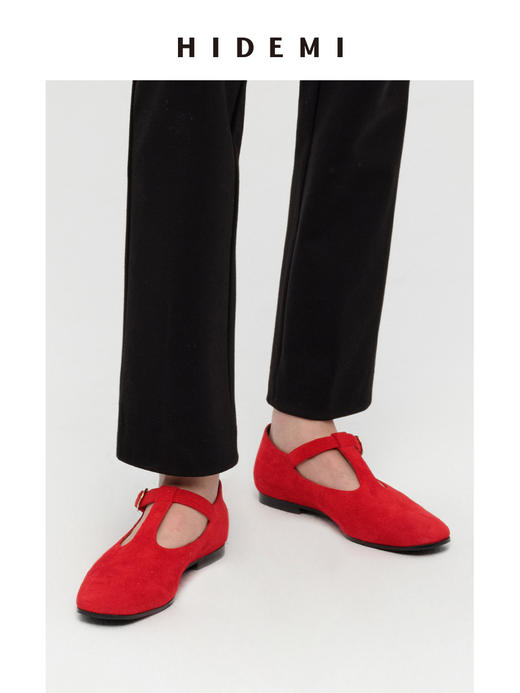HIDEMI 【董生活同款】进口做旧麂皮复古方圆头宽带玛丽珍平底鞋 复古红/姜黄色/巧克力棕 商品图3