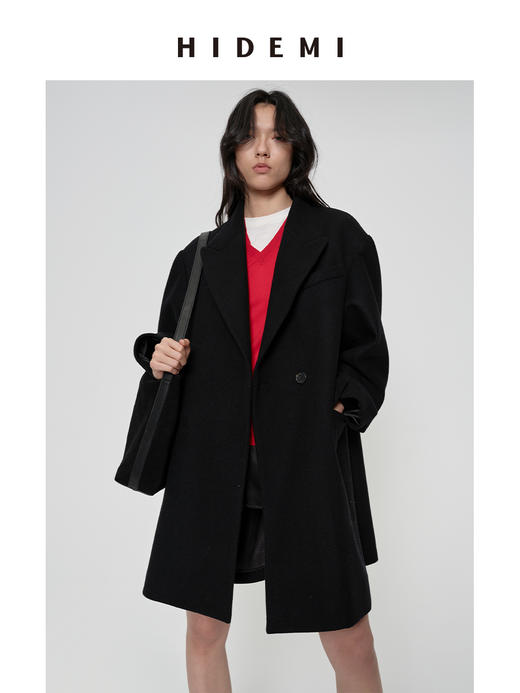 HIDEMI 极简超大廓形加宽垫肩设计感厚款羊毛毛呢西装式口袋中长款大衣 黑色/深灰色 商品图6