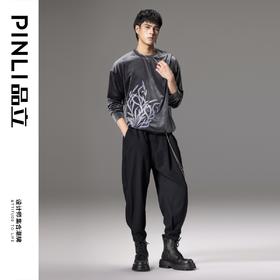 PINLI品立秋季新款中国风刺绣圆领卫衣男士国潮丝绒长袖上衣B243109014