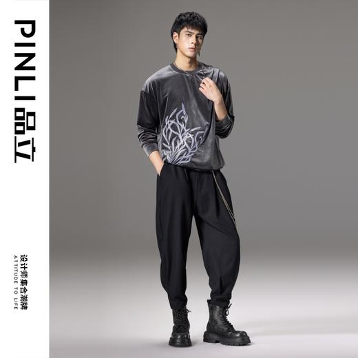 PINLI品立秋季新款中国风刺绣圆领卫衣男士国潮丝绒长袖上衣B243109014 商品图0