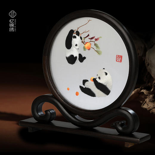 蜀绣柿柿如意双熊猫如意框非遗手工工艺 商品图1