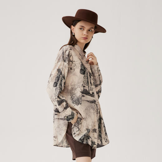 谜底花色衬衫长袖女2024秋季新品复古风宽松中长款衬衣243MC1146 商品图1