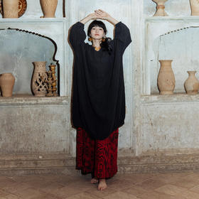 绽放旅行女装566朵/苎麻高级范儿日系风落肩长袖水滴领显瘦连衣裙