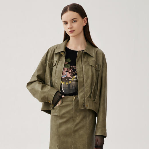 谜底皮衣女士2024秋新品率性时尚宽松翻领气质短款外套243MW1092 商品图0