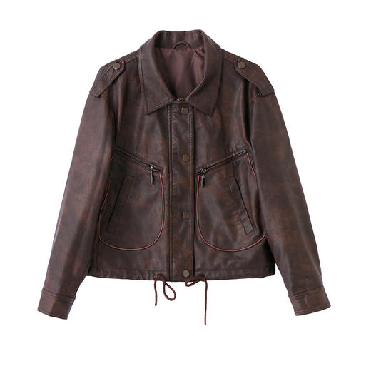 HR WZ11039气质时尚复古简约大方遮肉显瘦翻领PU皮外套 商品图4