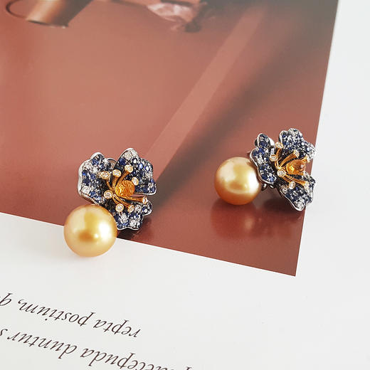 【天然正品】AU750收藏级黑金镶天然约9.8MM浓金海水珍珠花朵耳环210824XY06 商品图3