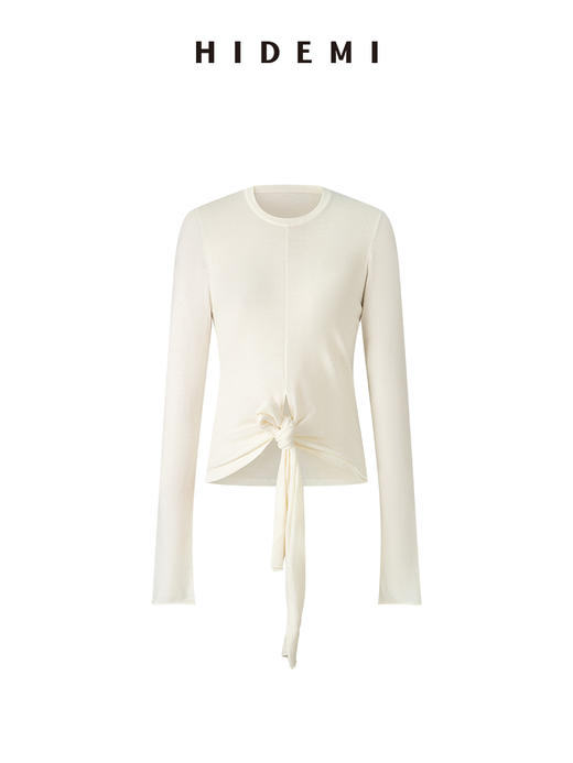 HIDEMI 进口澳洲极细美利奴羊毛圆领绑带设计感多穿式长袖毛衣 炭灰色/原白色 商品图5