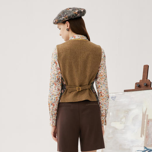 谜底花色马夹女2024秋新品复古风提花短款修身西装马甲243MM1085 商品图2