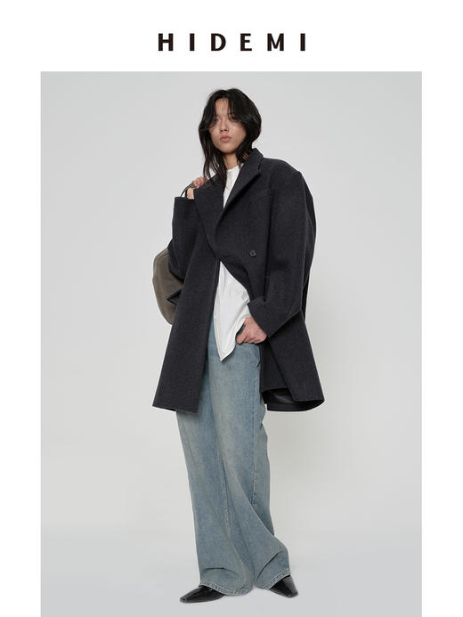 HIDEMI 极简超大廓形加宽垫肩设计感厚款羊毛毛呢西装式口袋中长款大衣 黑色/深灰色 商品图8