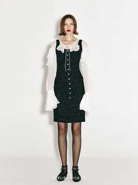 【吉普赛浪漫】复古金属扣粗花呢修身连衣裙