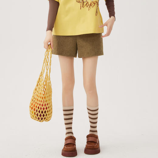 谜底毛呢短裤女2024秋季新品百搭简约高腰直筒短裤靴裤243MK1134 商品图0