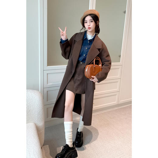 【严选】诗凡黎灰色绵羊毛翻领毛呢外套2024冬新款优雅双面呢高级长款大衣SF7170111D 商品图2