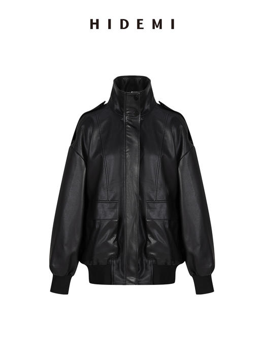 HIDEMI 极简大廓形口袋设计感飞行员立领式oversize落肩款可再生环保皮衣外套 商品图6