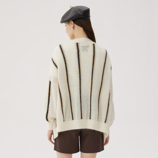 谜底条纹针织开衫女2024秋季新品慵懒风V领中长款毛衣243GZ1316 商品图2