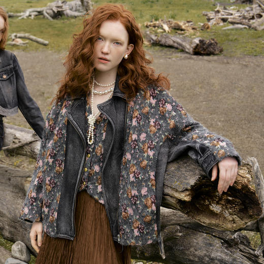 谜底毛呢大衣外套女2024秋新品复古风牛仔拼接呢子外套243MD0998 商品图0