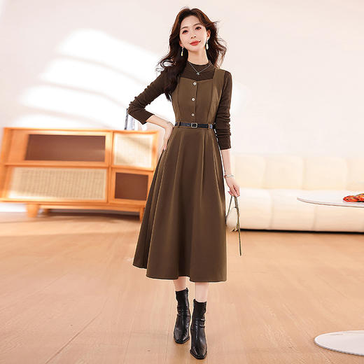 HR WA231139气质时尚优雅纯色收腰显瘦背带连衣裙两件套 商品图2