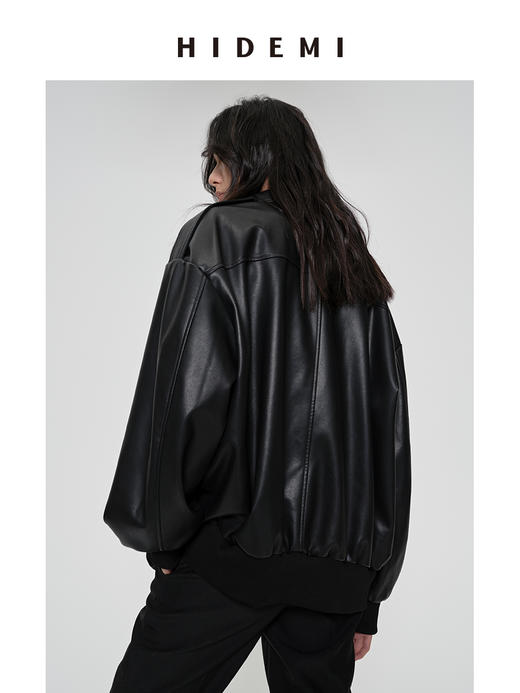 HIDEMI 极简大廓形口袋设计感飞行员立领式oversize落肩款可再生环保皮衣外套 商品图3