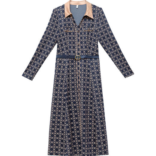 QYMJJ-92510-Y 妈妈装长袖连衣裙秋季新款时尚女装中长款衬衣领腰带口袋裙 商品图4