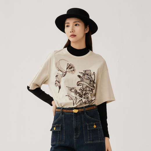 谜底圆领T恤短袖女2024秋新品百搭休闲趣味绣花宽松上衣243MT1008 商品图0