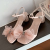 BSH3052405敲仙的甜美蝴蝶结水钻2024夏新款粗高跟方头露趾牛皮一字带凉鞋女 商品缩略图0