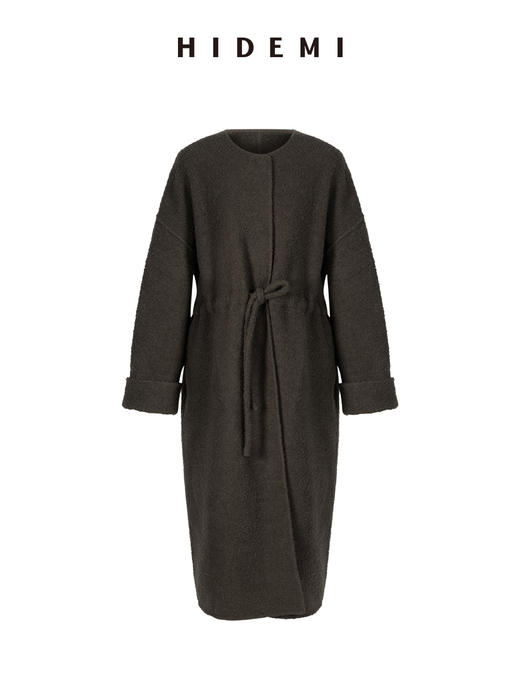 HIDEMI 极简廓形设计感圆领抽绳腰带式进口绵羊毛肌理感浮雕艺术感粗花呢毛呢长款大衣 商品图5