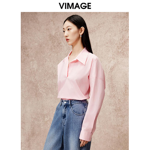 VIMAGE纬漫纪秋季新款简约时尚粉色通勤显瘦衬衫上衣V2213843 商品图3