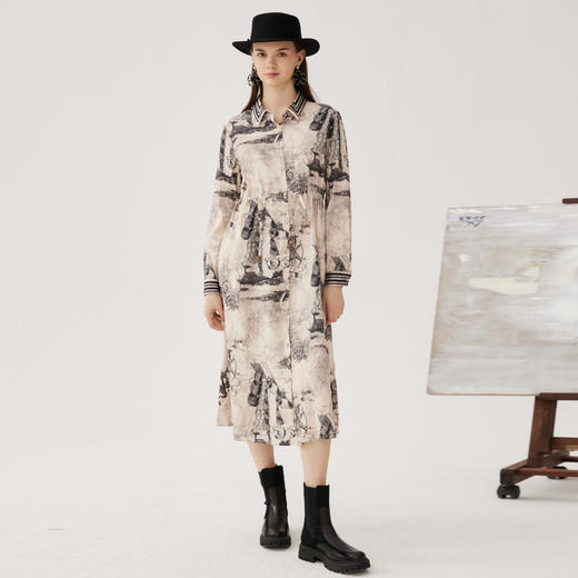 谜底印花连衣裙长袖2024秋季新品复古文艺风衬衫式长裙243ML1131 商品图0