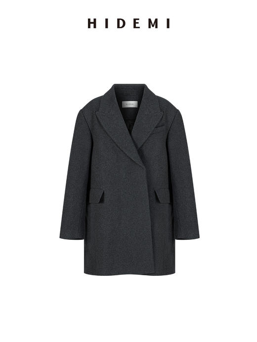 HIDEMI 极简超大廓形加宽垫肩设计感厚款羊毛毛呢西装式口袋中长款大衣 黑色/深灰色 商品图9
