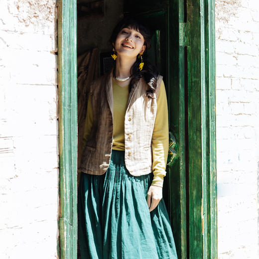 绽放旅行女装533朵/早秋高端进口亚麻人字纹双色色织翻领收腰马甲 商品图1