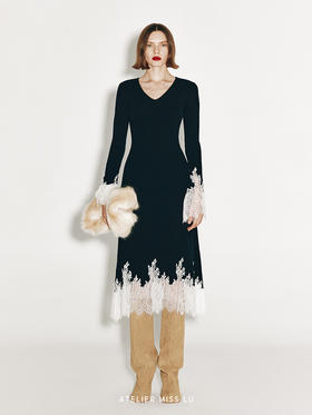 【一片轻云】加长睫毛蕾丝拼接羊绒羊毛混纺上衣