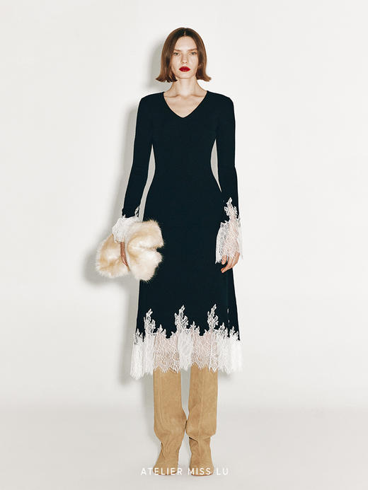 【一片轻云】加长睫毛蕾丝拼接羊绒羊毛混纺上衣 商品图0