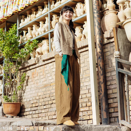 绽放旅行女装533朵/早秋高端进口亚麻人字纹双色色织翻领收腰马甲 商品图2