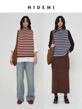 HIDEMI 【卢昱晓同款】美利奴羊毛极简条纹小立领大廓形毛织马甲背心 红白/棕蓝