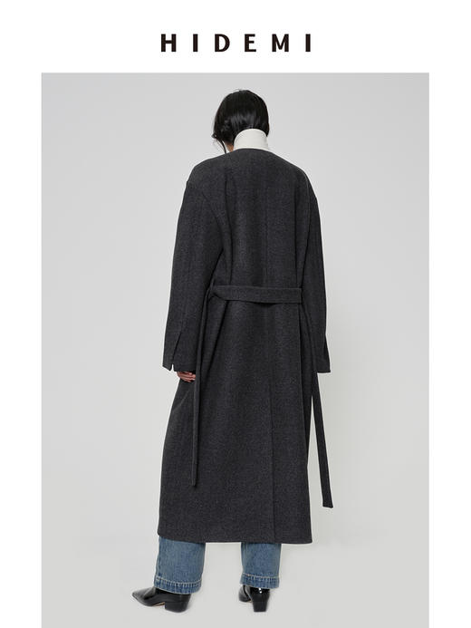 HIDEMI 极简大立体口袋设计感飞行员式领底呢手工式拼接宽肩大廓形绵羊毛厚款长款可拆卸腰带毛呢西装大衣外套 深灰色/藏蓝色 商品图9