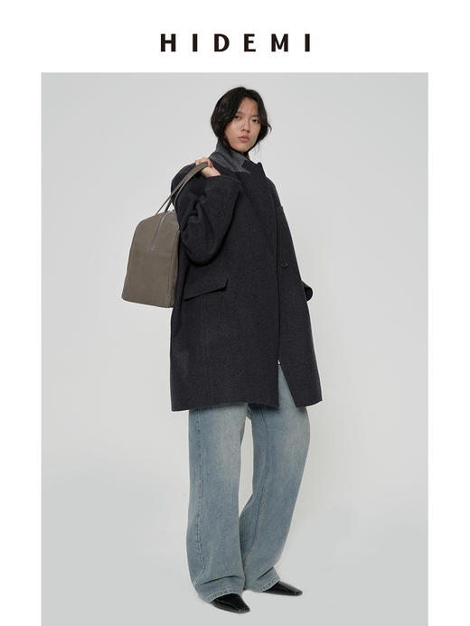 HIDEMI 极简超大廓形加宽垫肩设计感厚款羊毛毛呢西装式口袋中长款大衣 黑色/深灰色 商品图7