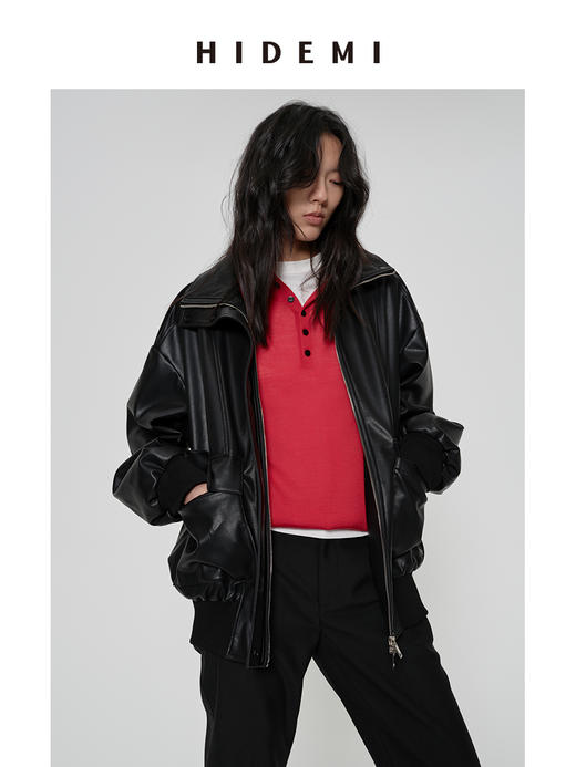 HIDEMI 极简大廓形口袋设计感飞行员立领式oversize落肩款可再生环保皮衣外套 商品图2