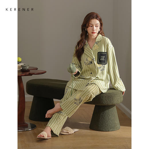 可人儿春秋季柔软棉睡衣女士韩版日式和服长袖纯棉外穿家居服套装 商品图3