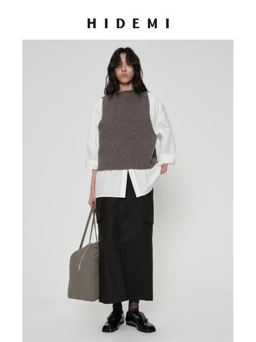 HIDEMI 水洗做旧感斜纹棉口袋工装式半身裙 黑色/古铜棕红 商品图6