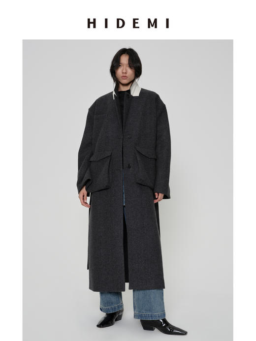 HIDEMI 极简大立体口袋设计感飞行员式领底呢手工式拼接宽肩大廓形绵羊毛厚款长款可拆卸腰带毛呢西装大衣外套 深灰色/藏蓝色 商品图5