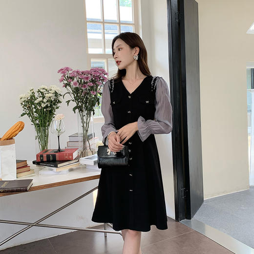 奢姿2025春季新款大码女装撞色钉珠织带裙子胖妹妹蝴蝶结连衣裙9943853512 商品图1