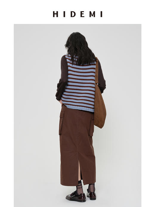 HIDEMI 【卢昱晓同款】美利奴羊毛极简条纹小立领大廓形毛织马甲背心 红白/棕蓝 商品图5